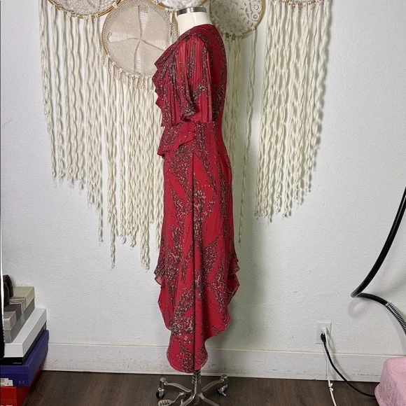 Keepsake The Label Red Floral Asymmetrical Pleat Ruffle Detail Midi Length S - Picture 3 of 9